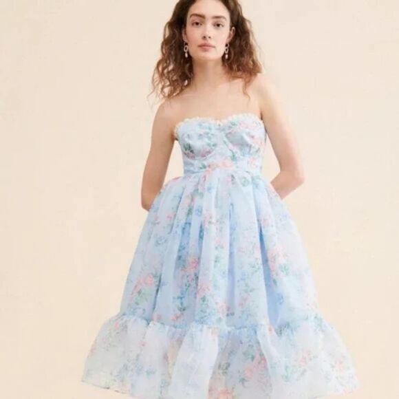 Selkie French Corset Puff Midi Dress Powder Blue Floral Size Medium - Picture 4 of 13